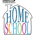 Homeschool logo Springs Charter Schools - Words Home School inside a house outline