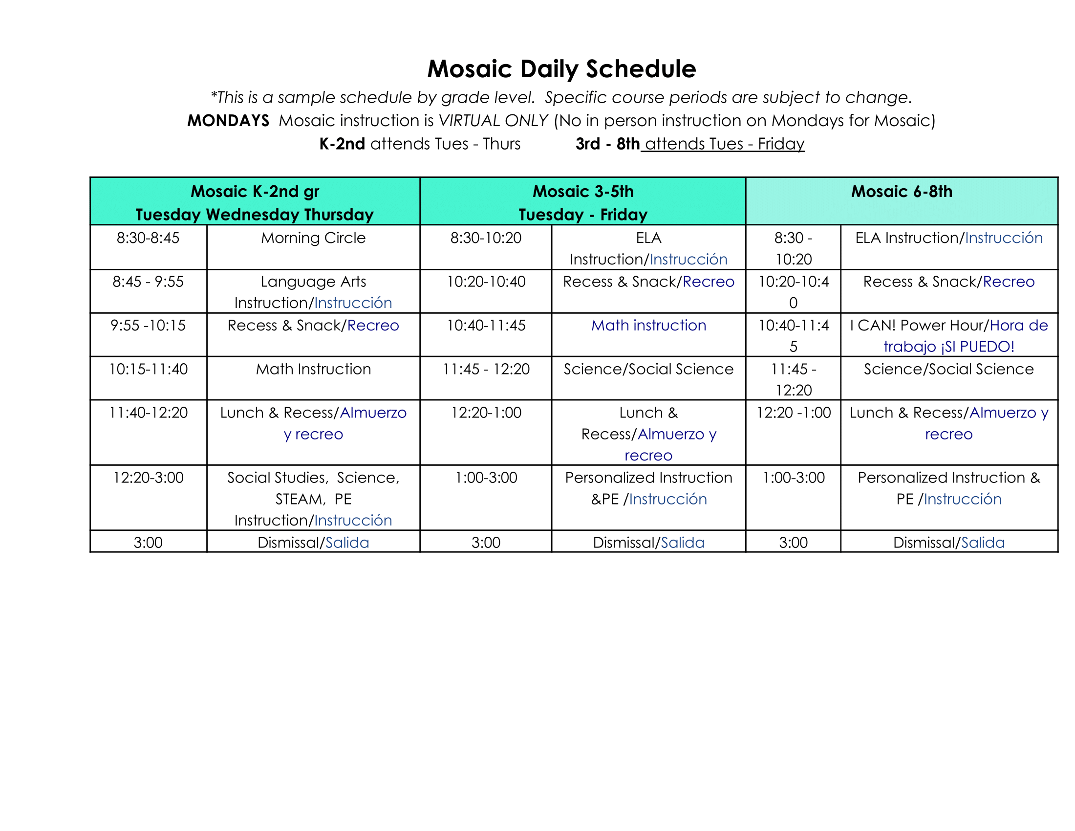 Vista Springs Charter 2023-24 Attendance Calendar, Community Events and Daily Schedule
