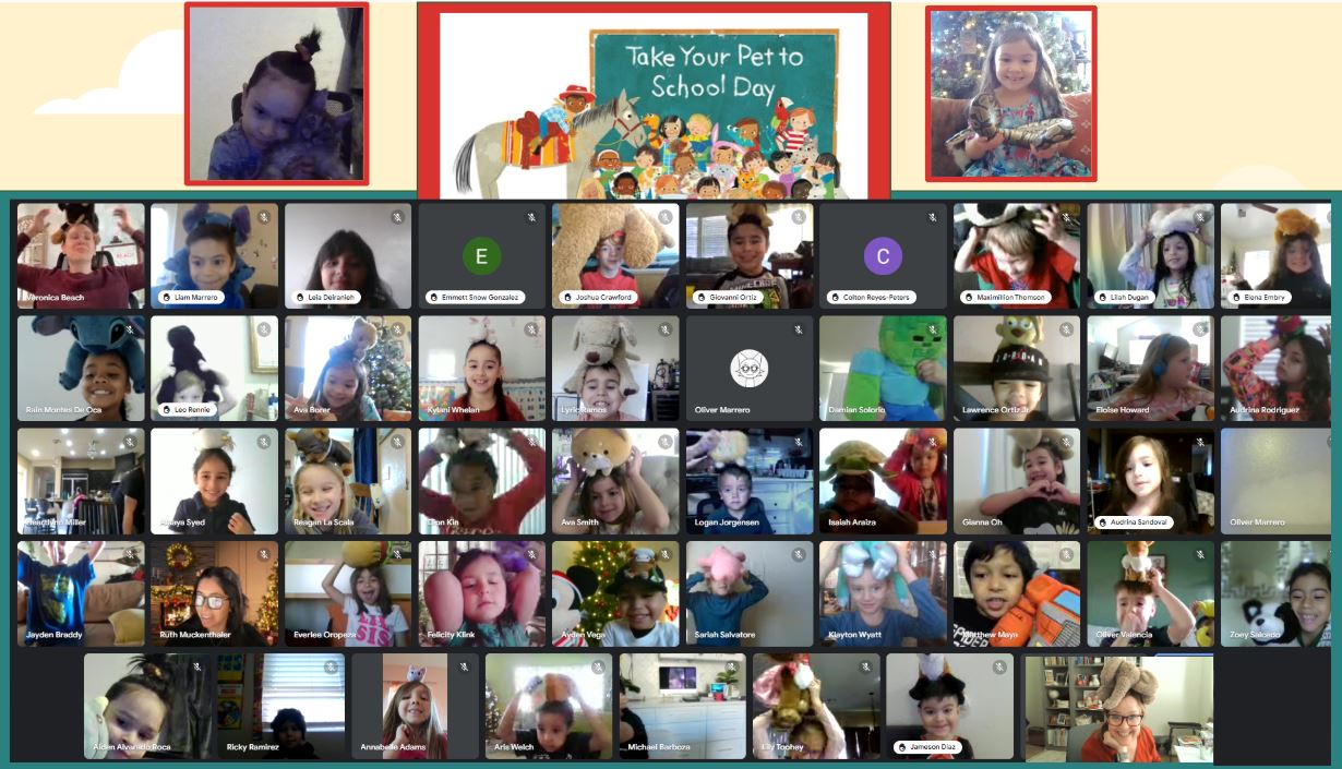 Venture Online students participating in a virtual “Take Your Pet to School Day,” each showcasing their pets or stuffed animals during a group video call.