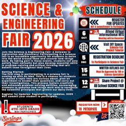 Flyer for Springs Charter Schools’ Science & Engineering Fair 2026 with event schedule, deadlines, and project submission details for students in grades 4–12.