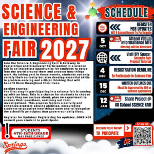 Science & Engineering Fair 2027 flyer featuring registration deadlines, informational session details, project submission dates, and participation information for students in grades 4–12.