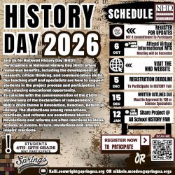 National History Day 2026 flyer with event schedule and participation details for Springs Charter Schools students in grades 4–12.