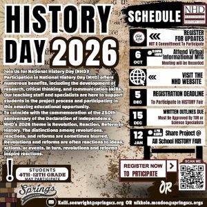 National History Day 2026 flyer with event schedule and participation details for Springs Charter Schools students in grades 4–12.