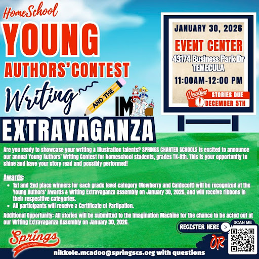 Flyer for Springs Charter Schools’ Homeschool Young Authors’ Contest and Writing Extravaganza, happening January 30, 2026, in Temecula.