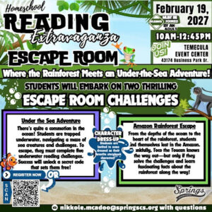 Reading Extravaganza Escape Room flyer featuring rainforest and under-the-sea themed reading challenges, event details, and registration information for homeschool students.