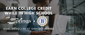 Female student working on a laptop with earphones in, promoting Springs Charter Schools and Barstow Community College dual enrollment program.