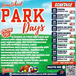 Flyer for Springs Charter Schools’ Homeschool Park Days in October with regional park locations and event schedule for families.