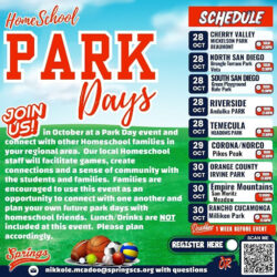 Homeschool Park Days flyer with event locations, dates, times, and registration information for families throughout Southern California.