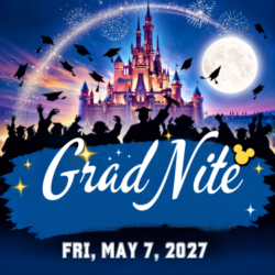 Promotional graphic for Grad Nite on Friday, May 7, 2027, featuring silhouettes of celebrating graduates throwing caps in front of a fairytale castle and fireworks at night.