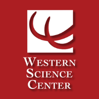 western science center logo white text on red background with image of mastodon tusks above text
