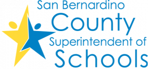 San Bernardino County Superintendent of Schools logo. Text in blue with star shape that is half blue and half yellow.
