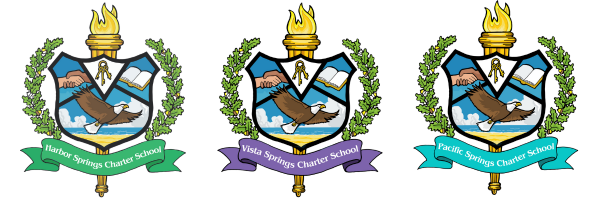 Three school crests side by side: one for Harbor Springs Charter School with a green ribbon, one for Vista Springs Charter School with a purple ribbon, and one for Pacific Springs Charter School with a teal ribbon. Each crest shares symbols representing freedom, community, collaboration, and lifelong learning.