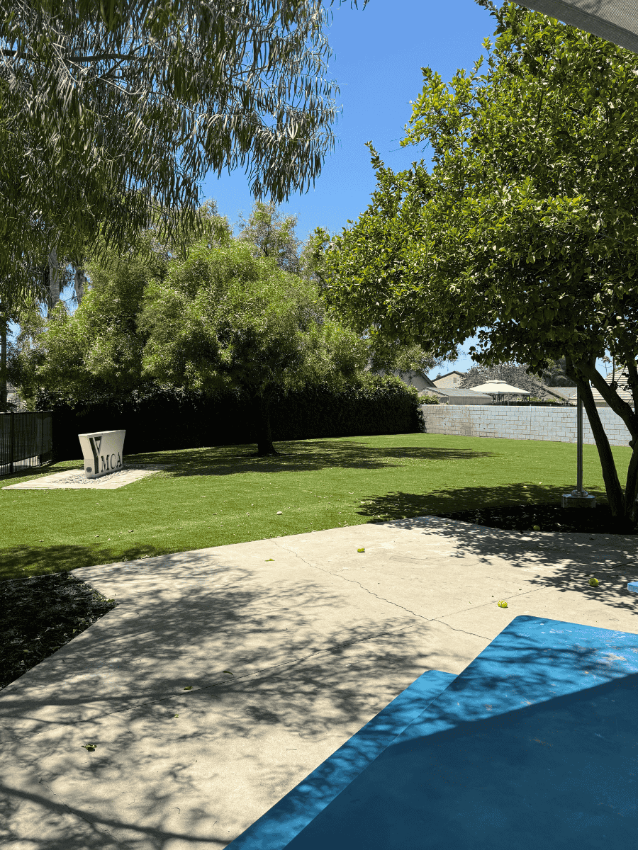Sunny outdoor area with grass, trees, a YMCA sign, and a shaded concrete patio with a blue picnic table.