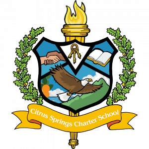 Citrus Springs Charter School crest featuring an eagle in flight, handshake, open book, and a torch with oak leaves.