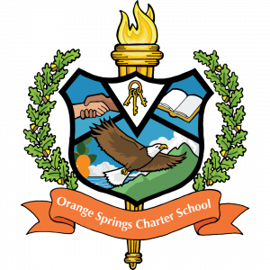 Crest featuring a bald eagle in flight over mountains and orange groves, flanked by oak branches, with a torch at the top and a golden banner reading "Citrus Springs Charter School" at the bottom.