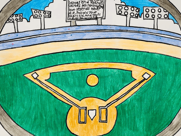 Colorful student artwork featuring a baseball field inside a stadium with bright lights and a motivational quote on the scoreboard.