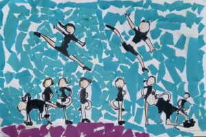 Student artwork showing dancers in motion against a blue textured background.