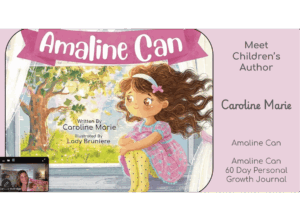 Presentation slide showing children’s book Amaline Can and author Caroline Marie.
