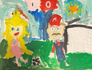 Colorful student painting featuring video game-inspired characters standing outdoors near a soccer goal with bright abstract background details.