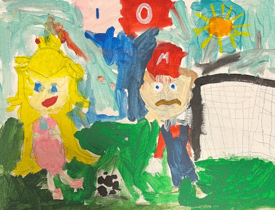 Colorful student painting featuring video game-inspired characters standing outdoors near a soccer goal with bright abstract background details.
