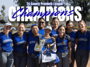 Magnolia Springs Charter School softball team posing together on a softball field after winning the Tri-County Premiere League championship.