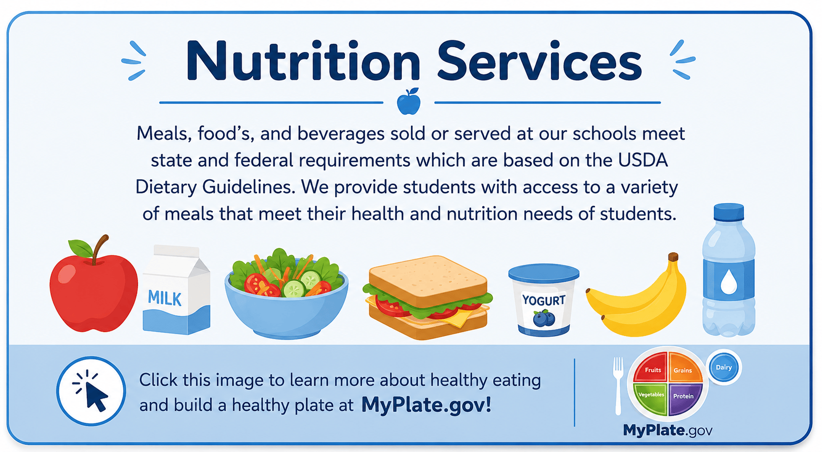 Nutrition Services webpage banner featuring healthy food illustrations, USDA nutrition information, and a MyPlate.gov healthy eating resource message.