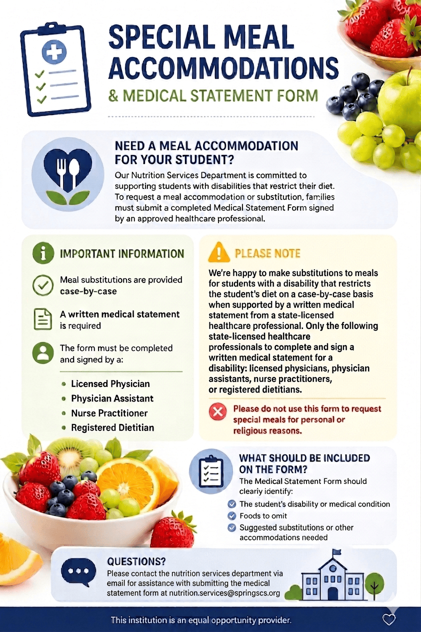 Special Meal Accommodations and Medical Statement Form flyer outlining nutrition services accommodation requirements, approved healthcare providers, and meal substitution information for students.