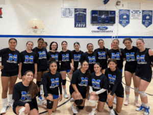 Members of the Falcons girls volleyball team wearing matching black t-shirts and athletic gear posing together on the basketball court in a gymnasium.