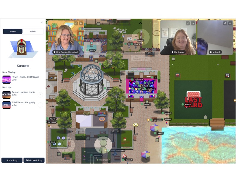 A screenshot of an interactive virtual picnic space showing video feeds of staff and students alongside digital avatars participating in virtual games and karaoke.