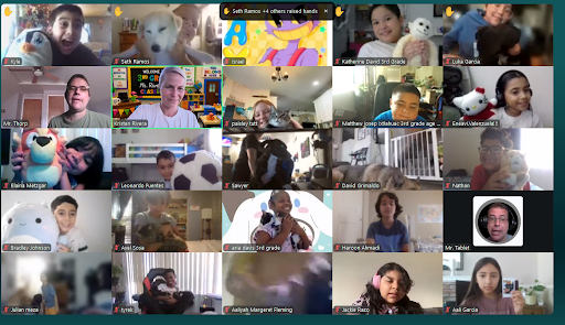 A video conference screen showing students and teachers holding up pets and stuffed animals for a Virtual Village online spirit day activity.