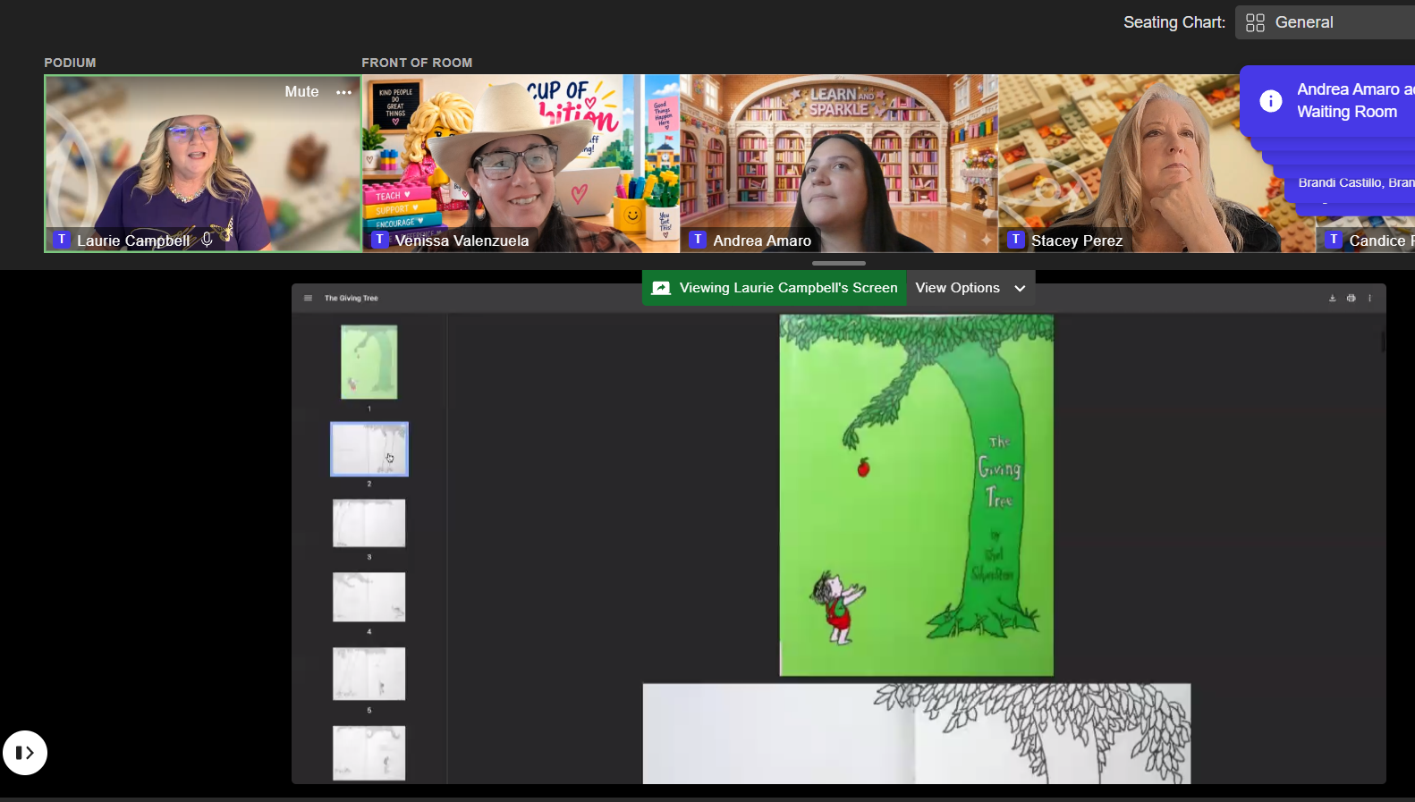 A virtual classroom presentation featuring teachers reading "The Giving Tree" during a Connections Academy online event.